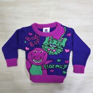 Vintage 1992 Barney and Baby Bop Knit Sweater Size 2T Dinosaur 90s Toddler Baby